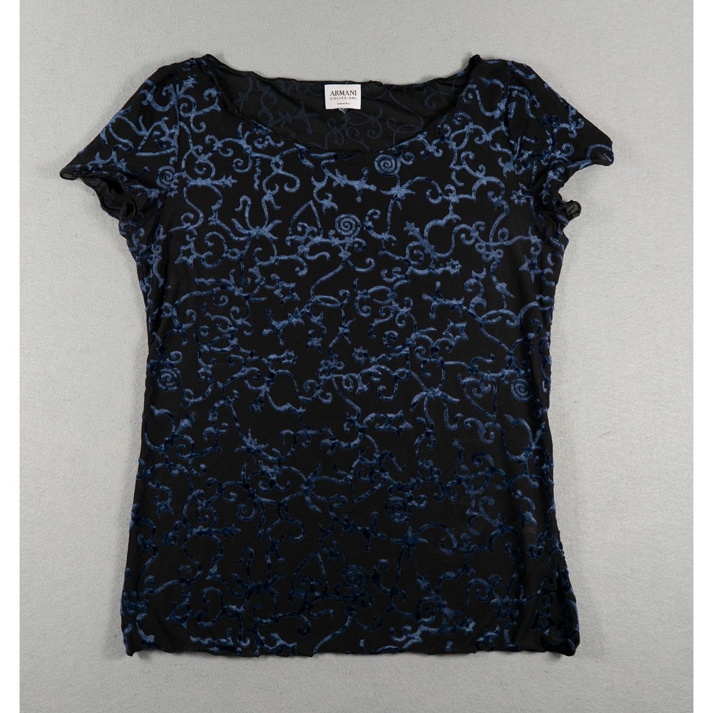 Armani Collezioni Top Velvet Flocked Mesh Scroll Black Blue Made in Italy